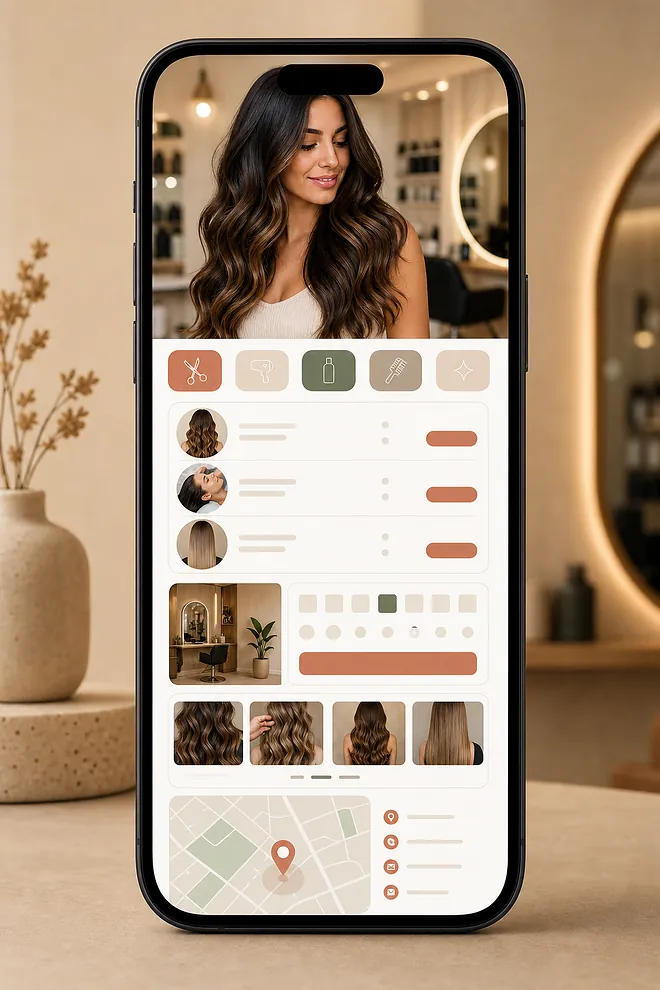 Celular mostrando el sitio web de una peluquería con sus servicios, sus precios y la reserva de turnos.