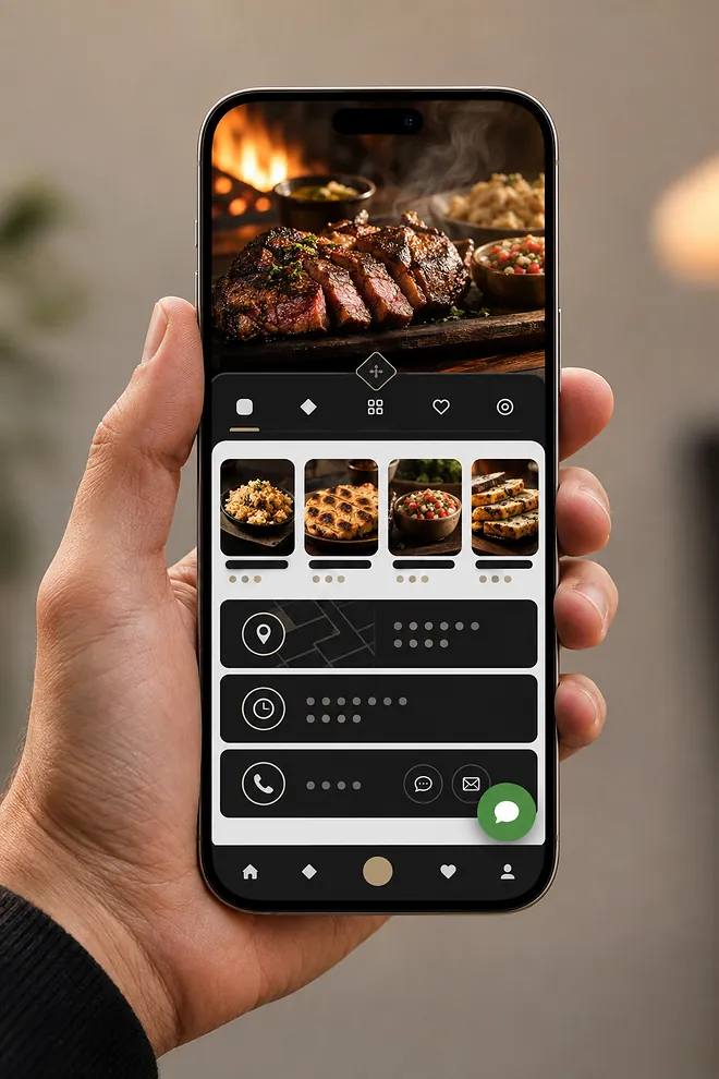 Celular mostrando el sitio web de un restaurante paraguayo con su menú, su ubicación y un botón de contacto por WhatsApp.