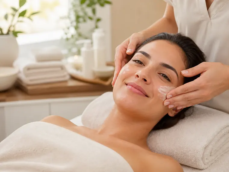 Mujer relajada durante un tratamiento facial suave en un spa tranquilo.