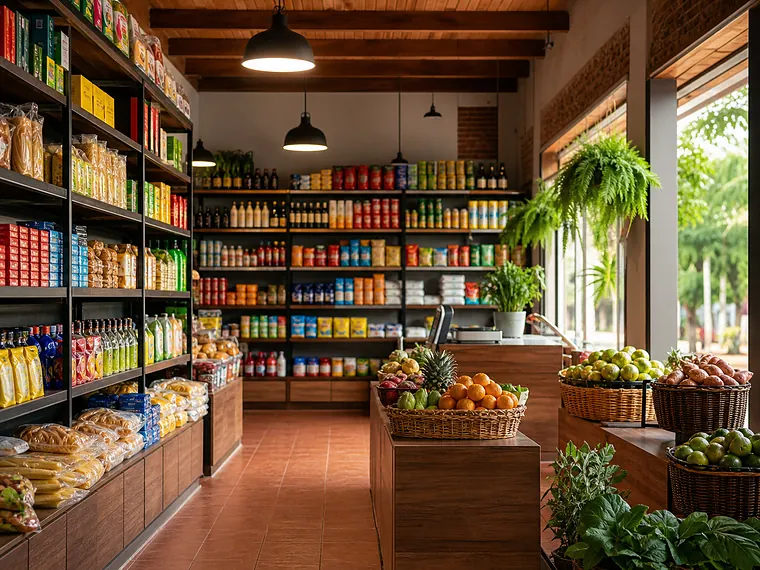 Comercio de barrio paraguayo con las estanterías llenas de productos.